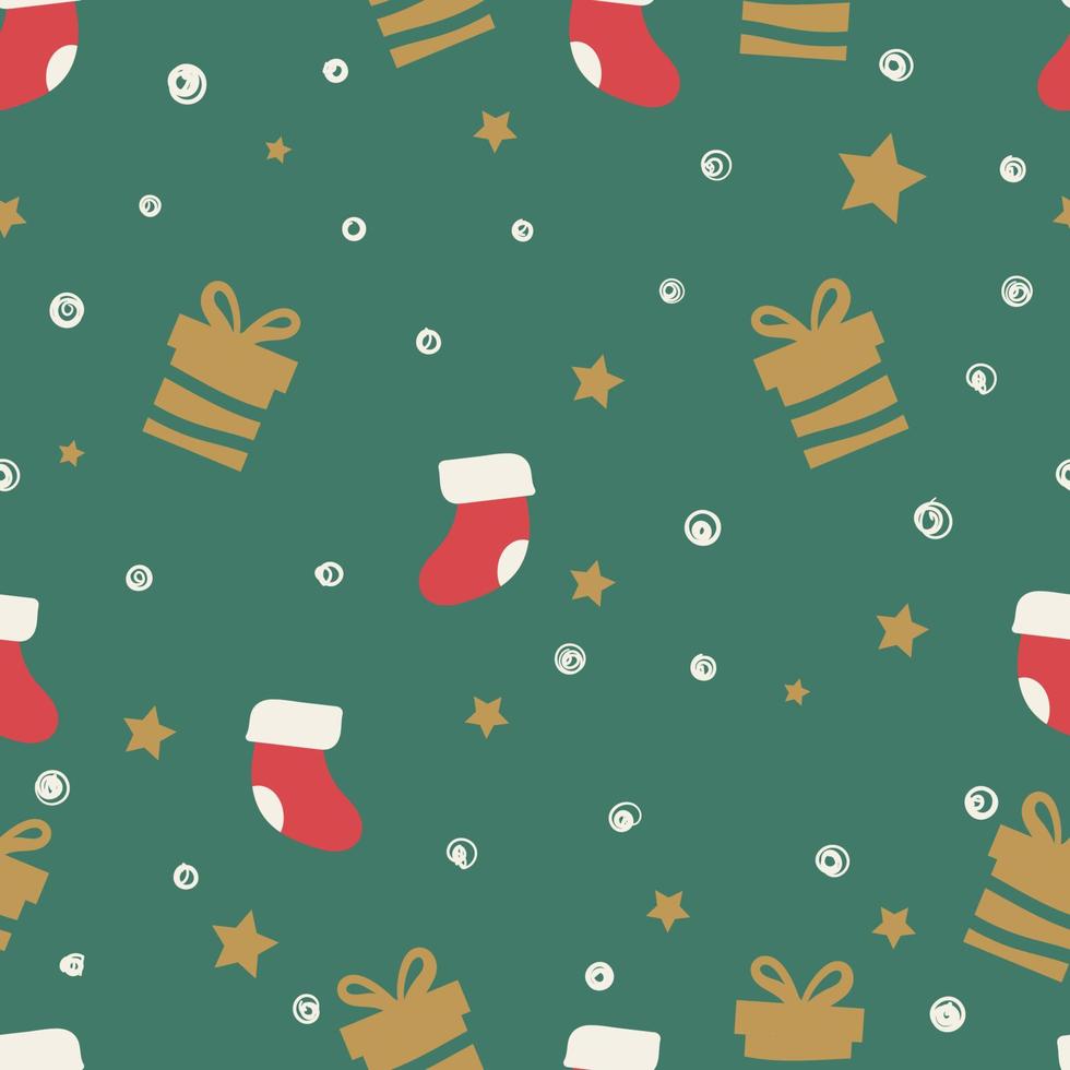 Seamless New Year pattern with gifts and a Christmas sock for wrapping paper, fabrics and postcards. Vector illustration in a flat style.