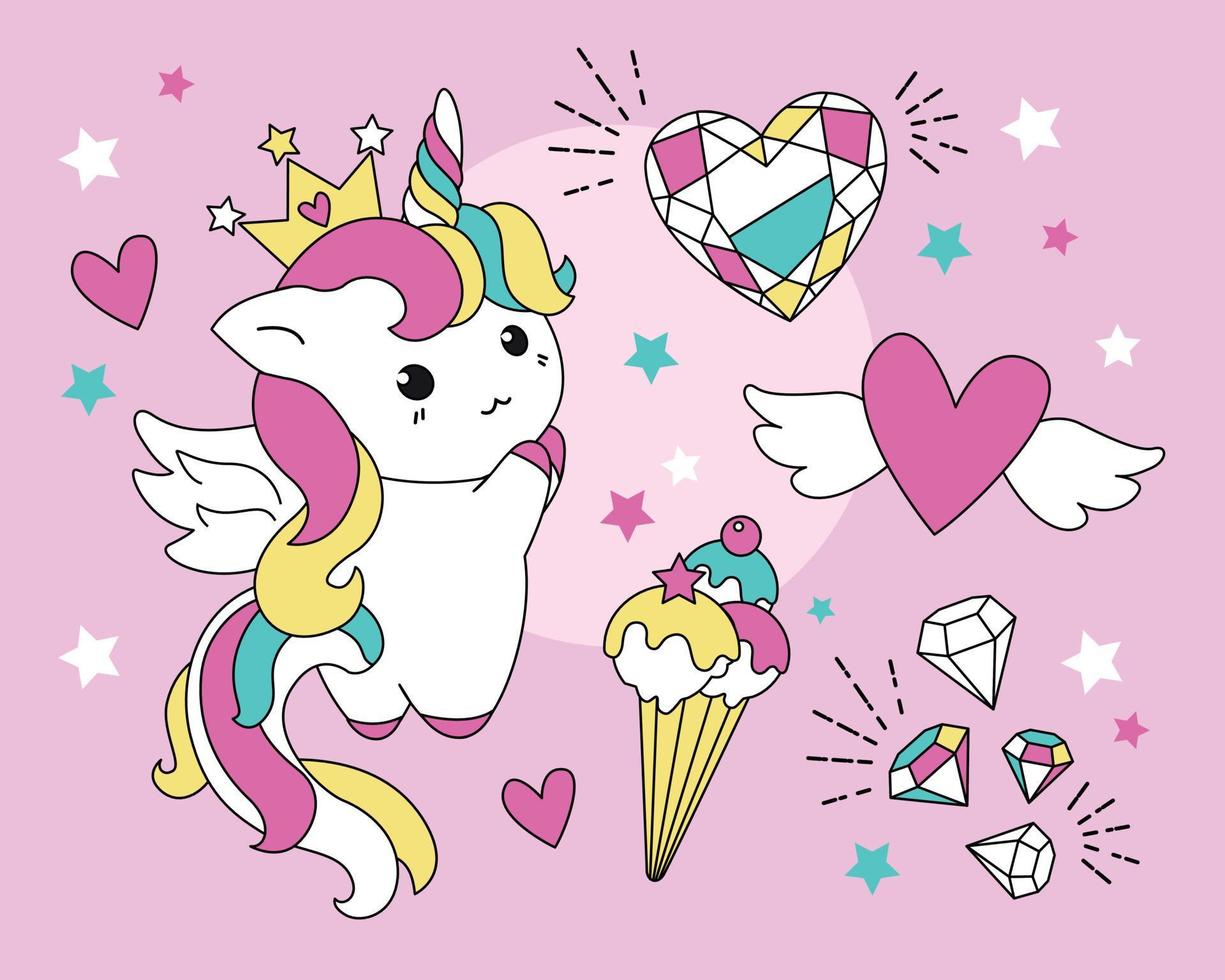 Cute Unicorn in kawaii style. Vector illustration with a character for a greeting card, printed T-shirts