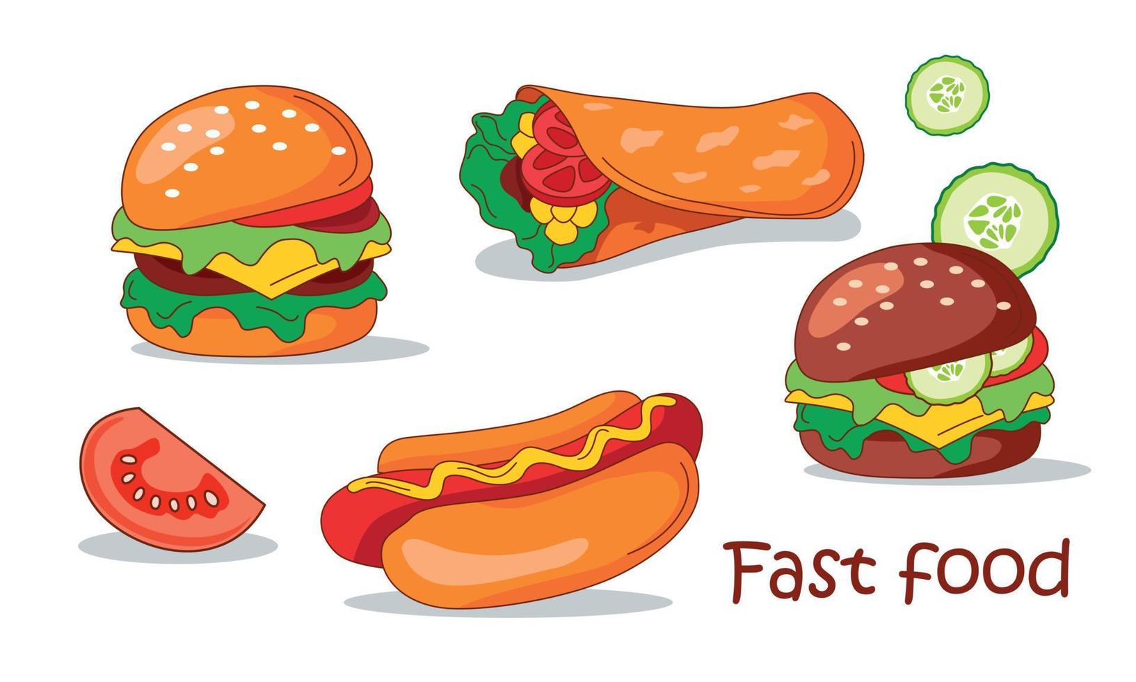 Set of fast food. Vegetarian burger, American burger, Shawarma, American hot dog. Vector cartoon illustration.