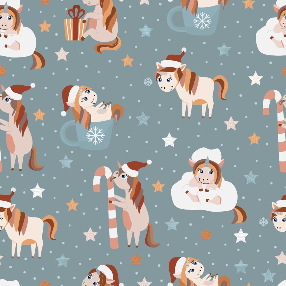 Christmas seamless pattern with cute unicorns on gray background. Stars and snowflakes. Winter design. Muted boho colors. Fairy baby animals. vector