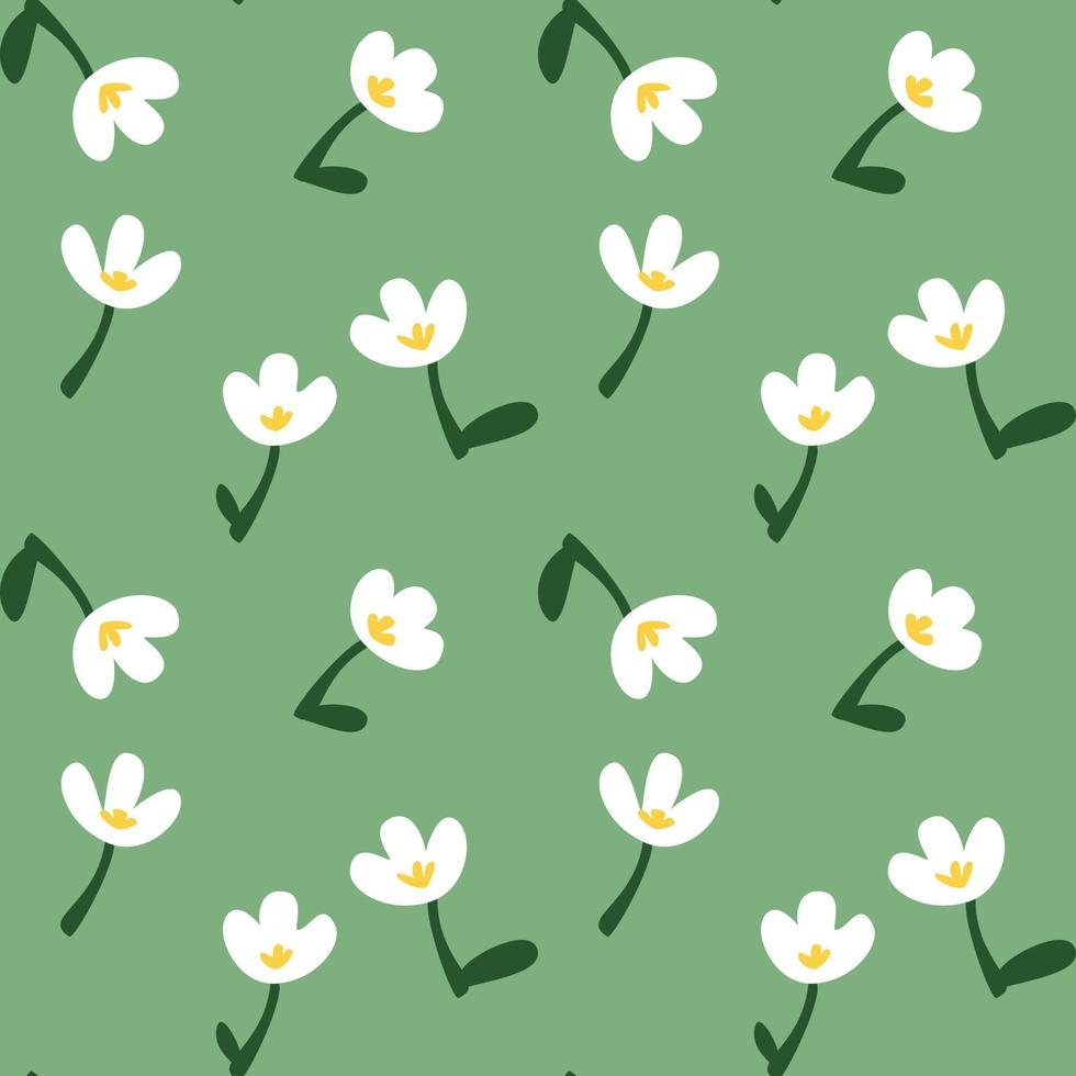 A light spring pattern with snowdrops on a green background. Stylish ornament for printing on textiles and paper. Gift packaging for holidays, textiles for the manufacture of children's clothing. vector