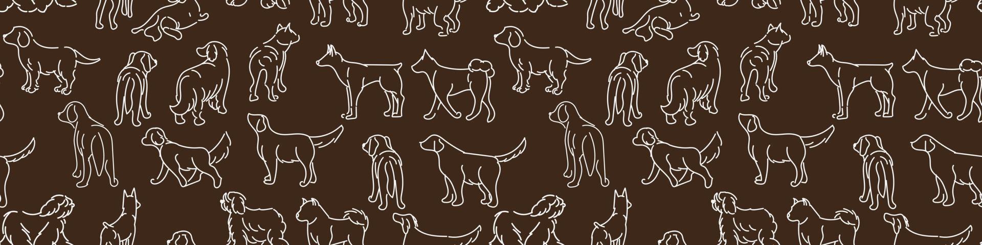 Pattern black Drawing with dogs in different poses. Line graphics on a dark background. Light lines on dark. Suitable for printing on paper and textiles. Gift wrapping, clothing. vector
