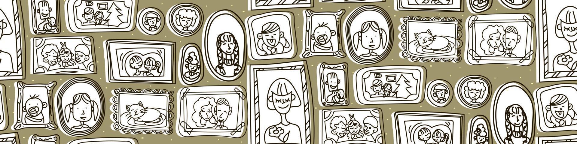 Background with paintings on the wall in doodle style. Frames of family photos hang on the wall. A seamless pattern in a vector. Suitable for printing on textiles and paper. The idea for the interior. vector