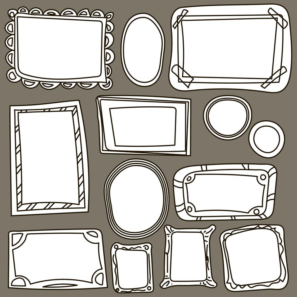 A set of frames without portraits. Doodle style. Black outline on a swamp background with white spots. Interior printing, frame in frame. Suitable for printing on textiles and paper. vector
