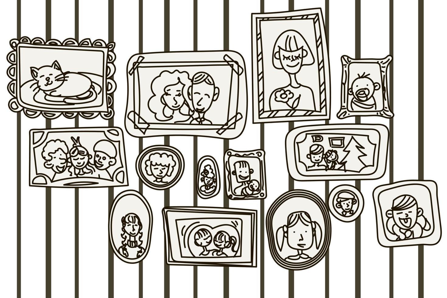 A set of photo frames with portraits of family and animals, hand-drawn vector illustration. Doodles, sketches, lines. It is used for printing on paper and textiles. Coloring book.