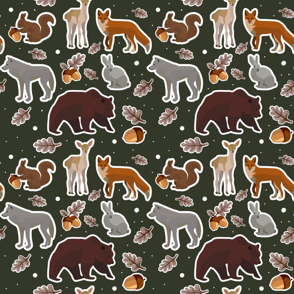 A pattern on a dark green background with forest animals and acorns. Animals with a white outline, like stickers. Suitable for printing on paper and textiles. Gift wrapping, children's clothing. vector