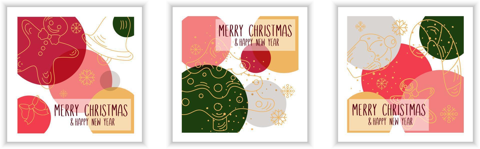 conjunto de tres plantillas cuadradas de tarjetas navideñas con diseño de garabatos y círculos sobre fondo blanco vector