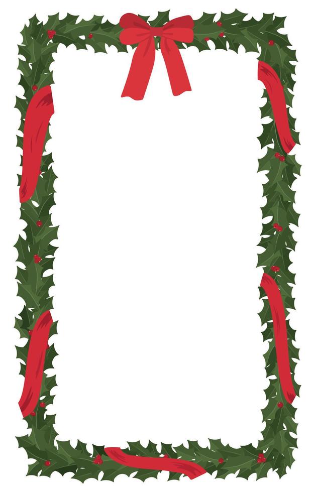 plantilla de tarjeta de navidad con hojas de acebo, bayas rojas, cintas y lazos rojos. aislado sobre fondo blanco. diseño festivo de navidad y año nuevo. vector