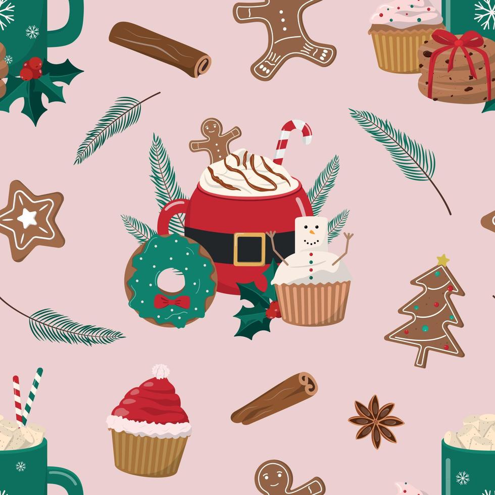 Christmas seamless pattern. Hot drinks, sweets, and cookies on beige background. Coffee with cream, cocoa with marshmallows, cupcakes, donuts, and cookies. Holiday themed digital paper. vector