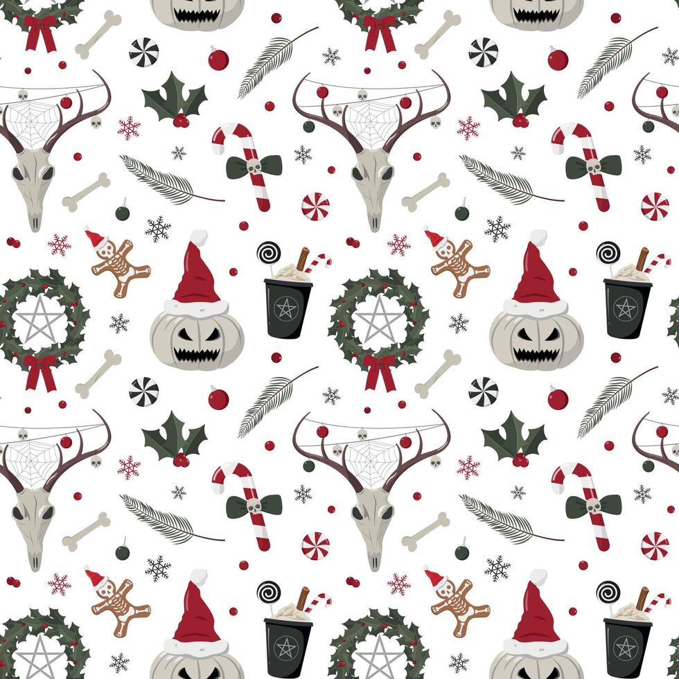 Creepy Christmas seamless pattern. Hand drawn deer skulls, pumpkin lanterns, wreaths, drinks, candies and snowflakes, and others. Isolated on white background. vector