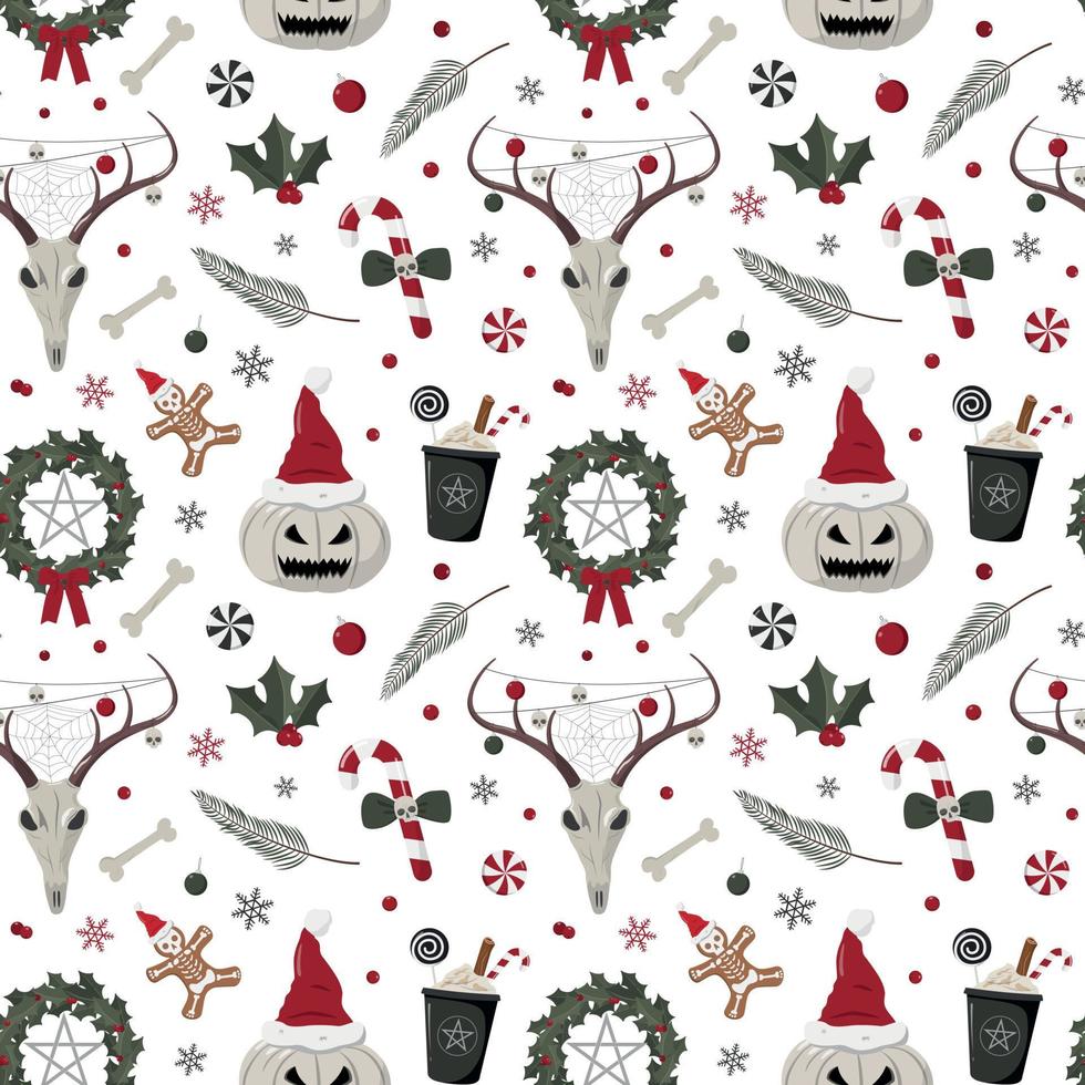 Creepy Christmas seamless pattern. Hand drawn deer skulls, pumpkin lanterns, wreaths, drinks, candies and snowflakes, and others. Isolated on white background. vector