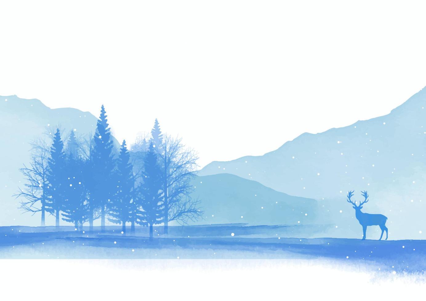 acuarela pintada a mano paisaje de invierno con árboles y ciervos vector