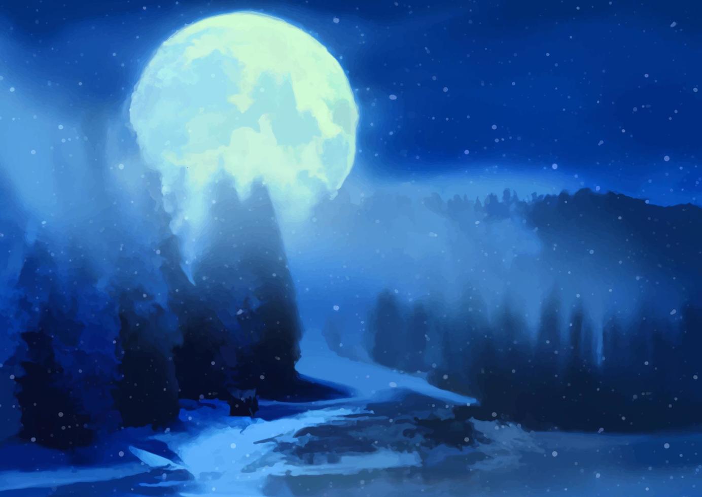 paisaje navideño de invierno pintado a mano con cielo iluminado por la luna vector