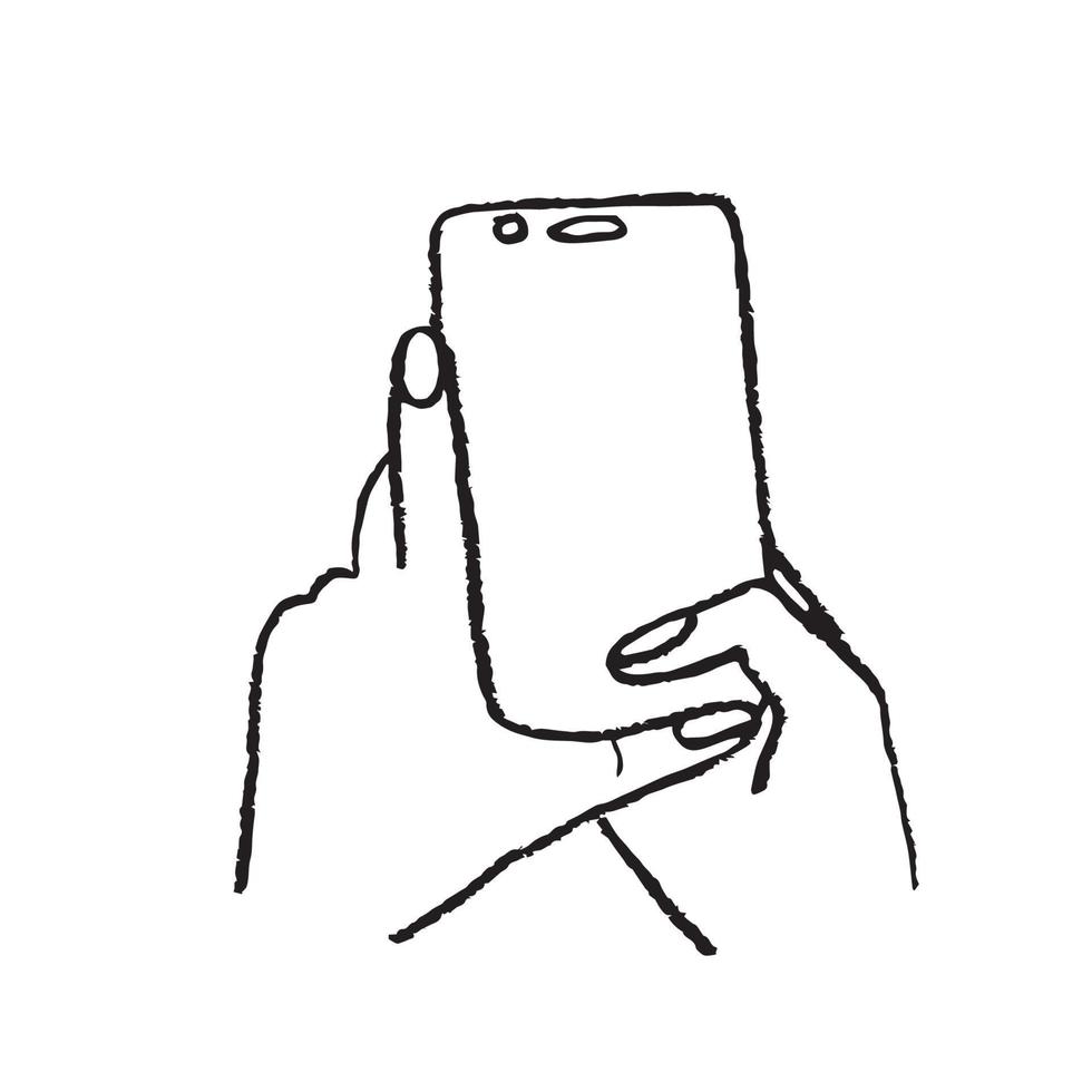 Simple vector drawing of a black line on a white background. Hands holding a mobile phone with a blank screen, contour.