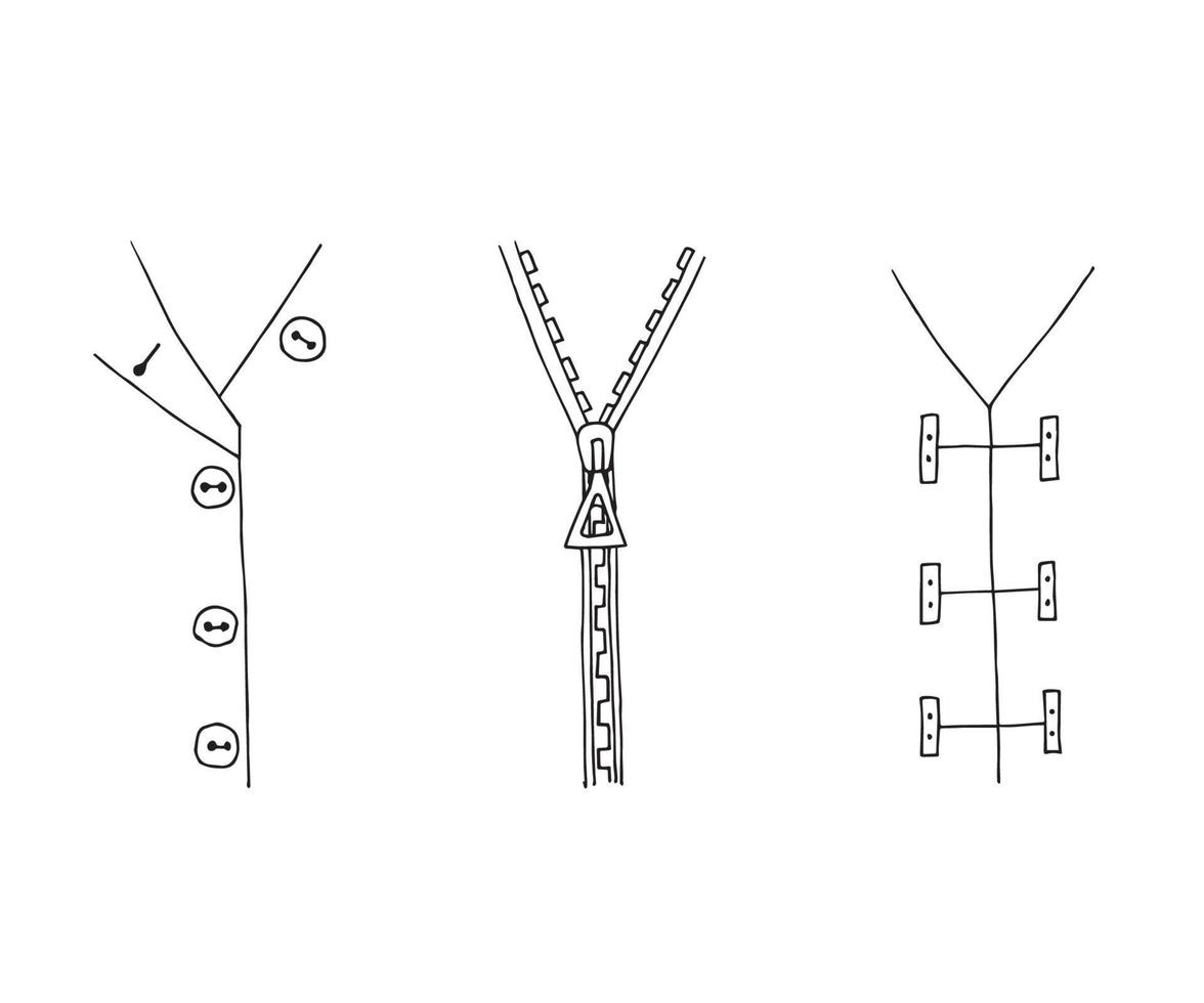 Vector freehand drawing, the contours of the zipper lock, clasp, buttons. Options for fastening clothes. Sketch set for sewing, tailor design.