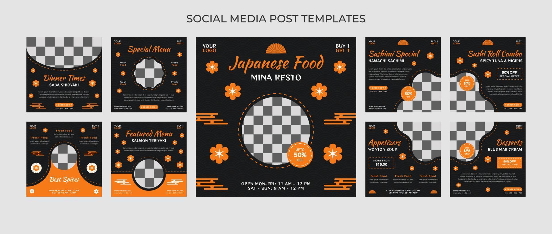 colección de publicaciones en redes sociales para comida culinaria con estilo japonés vector