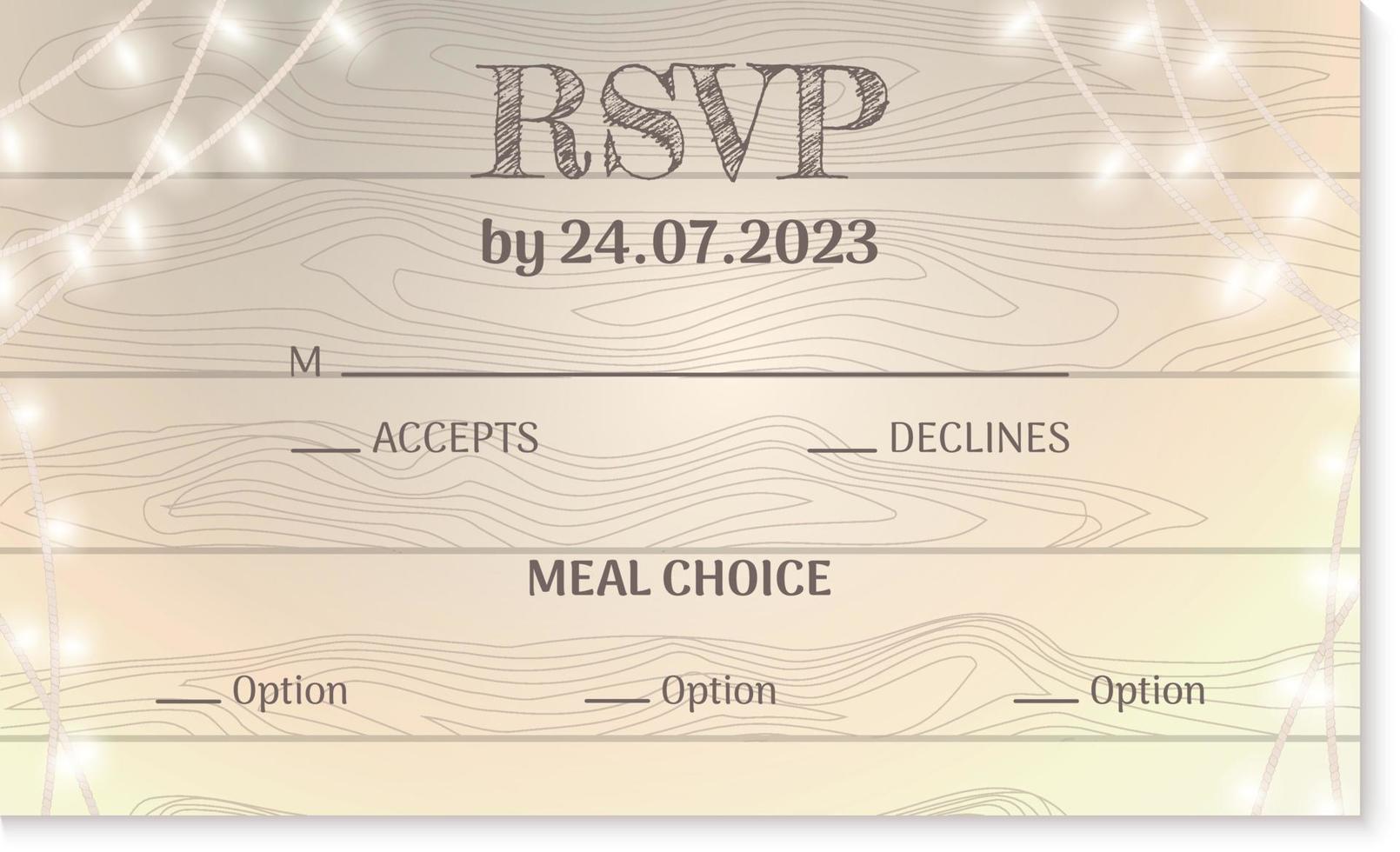 Wedding RSVP card template light wood texture and fairy light rustic look vector