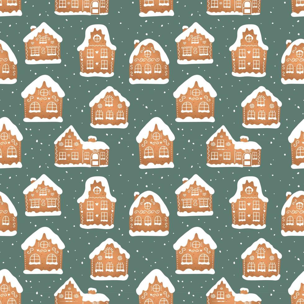 Seamless pattern of christmas gingerbread house cookies with snow on green background vector
