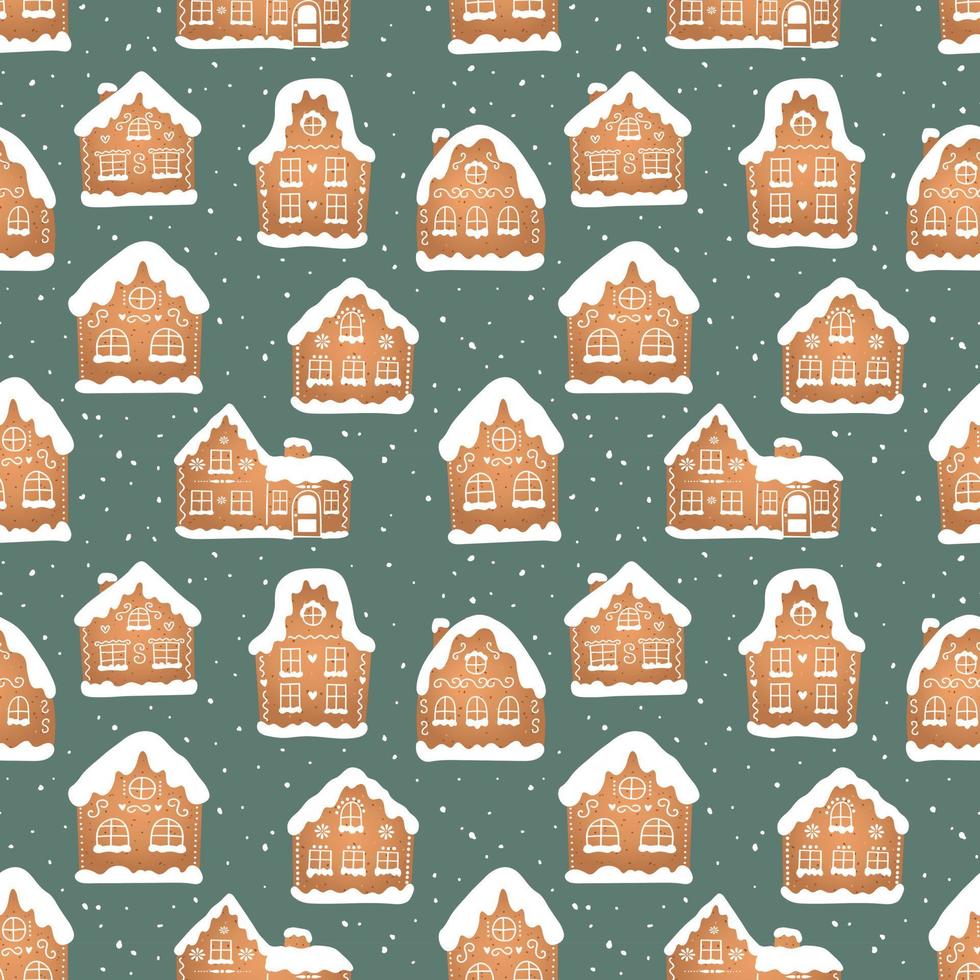 Seamless pattern of christmas gingerbread house cookies with snow on green background vector