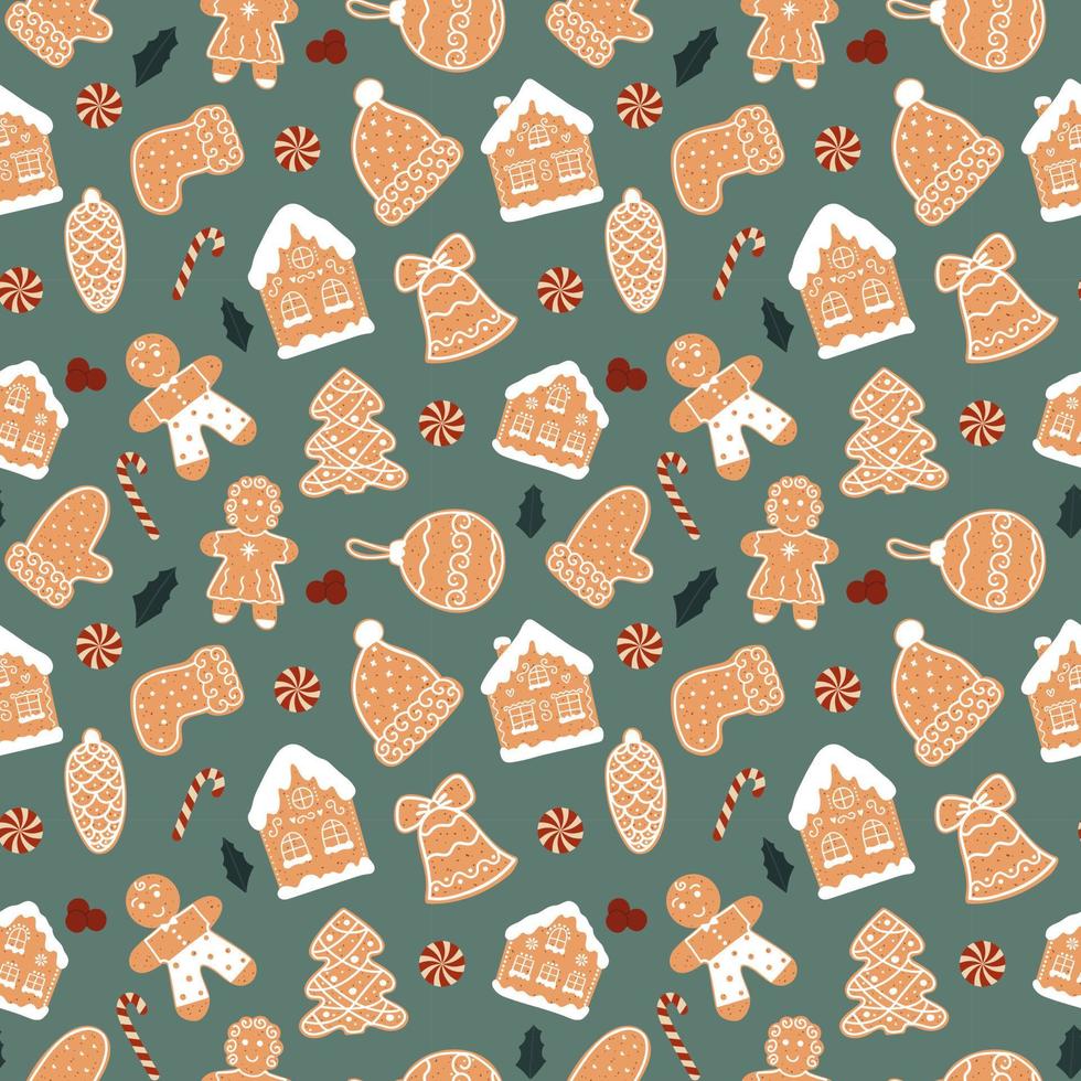 Seamless pattern of christmas gingerbread house cookies, man, bell, ball, lollipop on green background vector