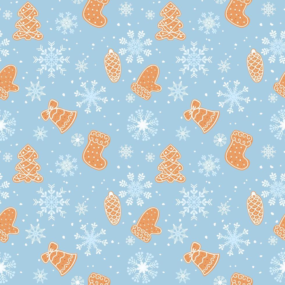 Winter seamless pattern with gingerbread and snowflakes on a blue background vector