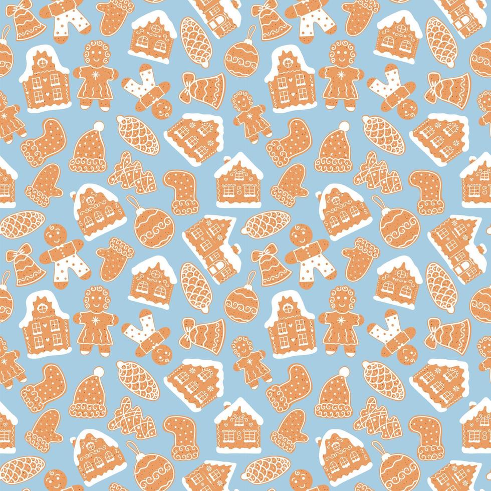 Seamless pattern of christmas gingerbread house cookies, man, bell, ball, mittens, hat on blue background vector