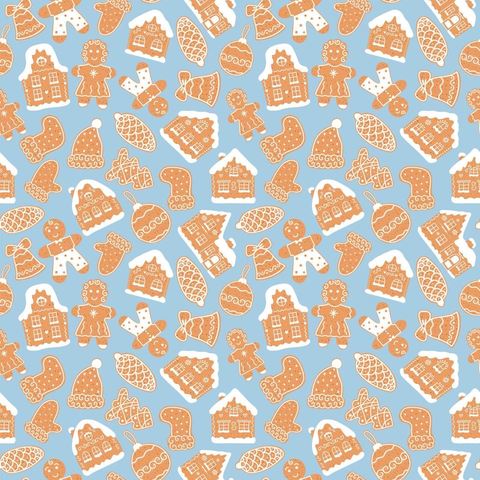 Seamless pattern of christmas gingerbread house cookies, man, bell, ball, mittens, hat on blue background vector