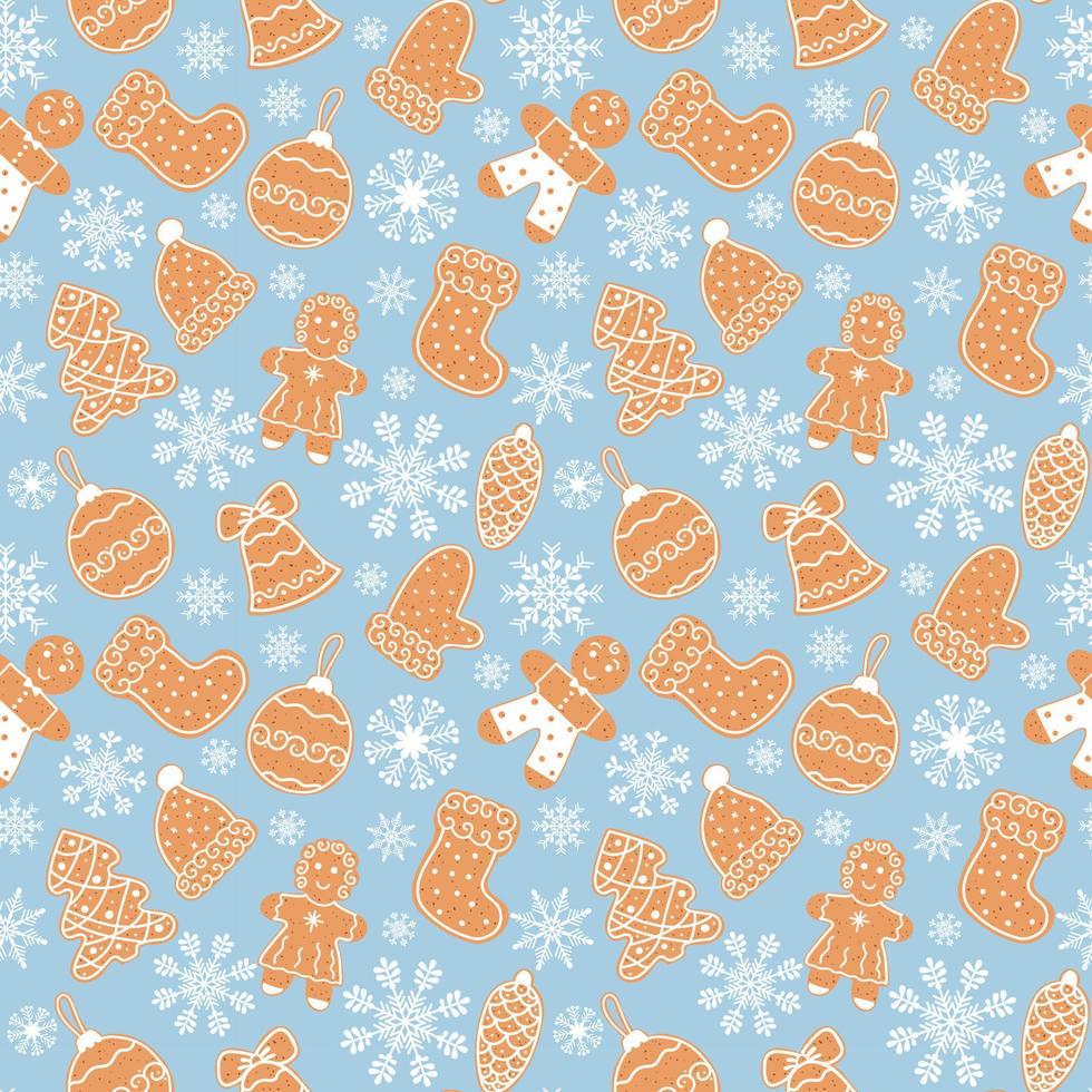 Winter seamless pattern with gingerbread and snowflakes on a blue background vector