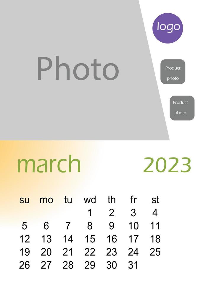 2023 wall calendar basic Design , hanging calendar .  Classic monthly calendar for 2023. Calendar in the style of minimalist square shape. The week starts on Sunday. vector