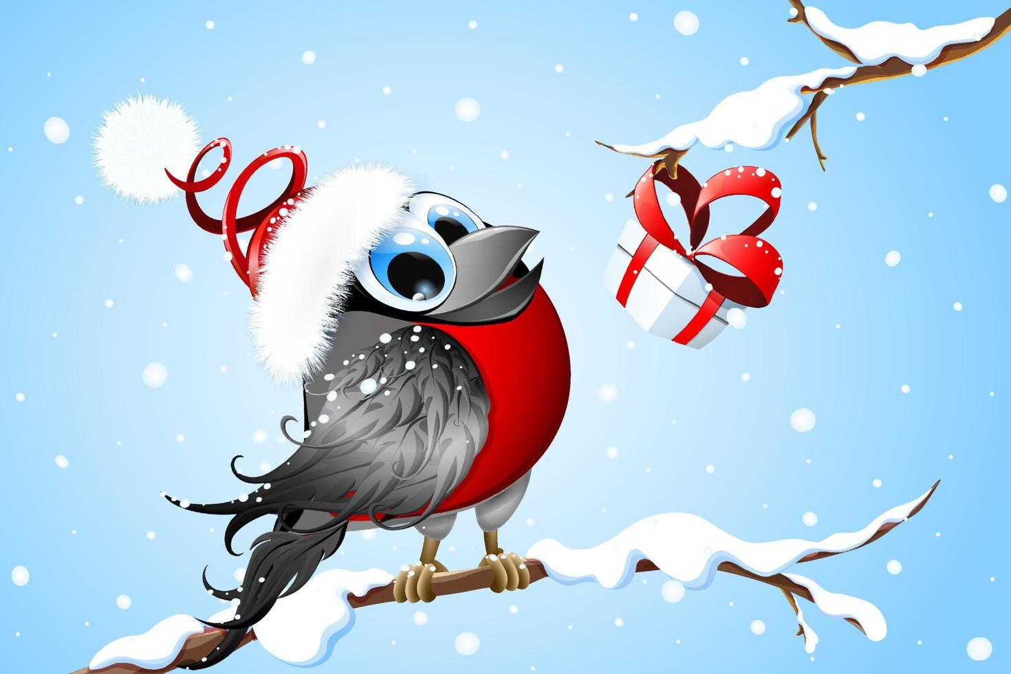 Cute funny cartoon bird bullfinch Santa with gift box on a branch under winter snowfall vector