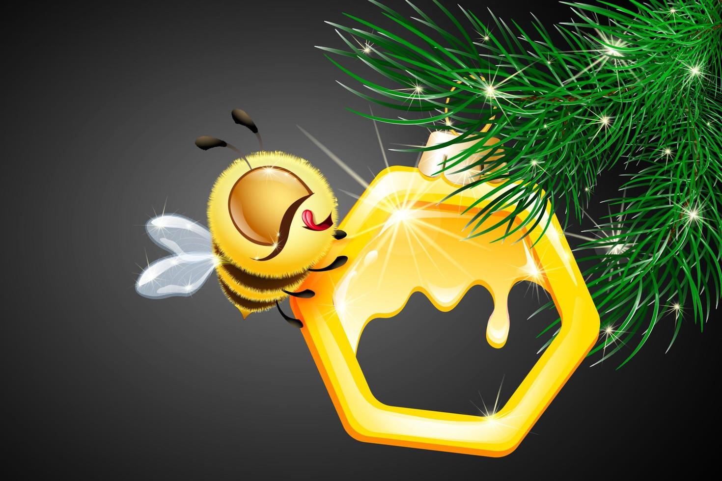 Green fir tree branch with hanging golden shiny Christmas ornament honeycomb and cute fluffy bee character vector