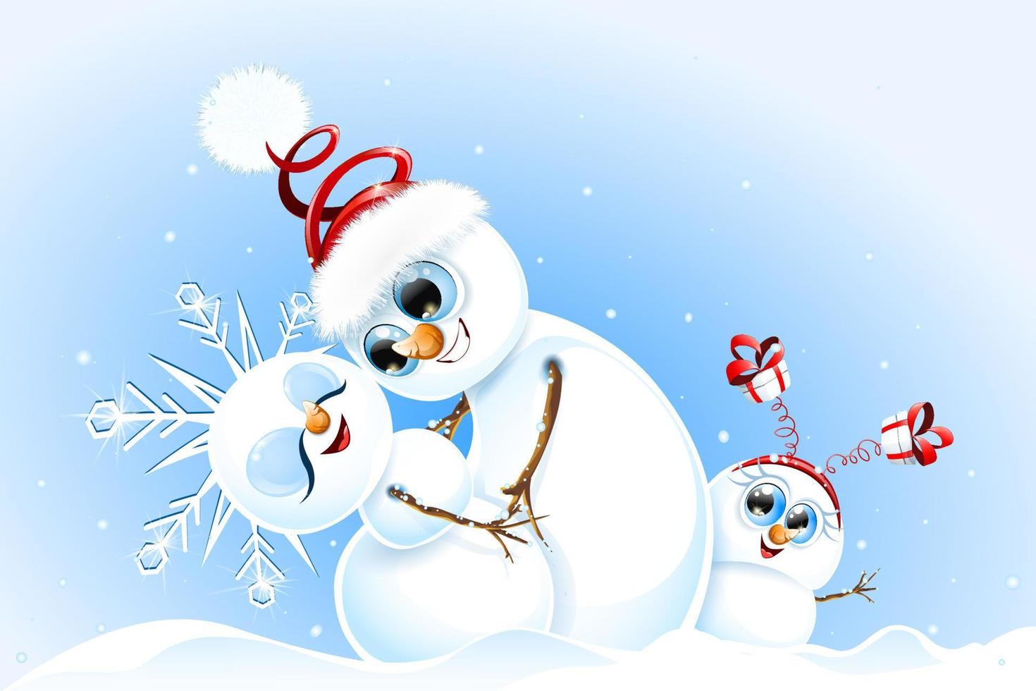 divertida navidad enamorada pareja familiar de muñecos de nieve con sombrero de santa y corona de copos de nieve abrazando y con una linda hija de muñeco de nieve con diadema de caja de regalo vector