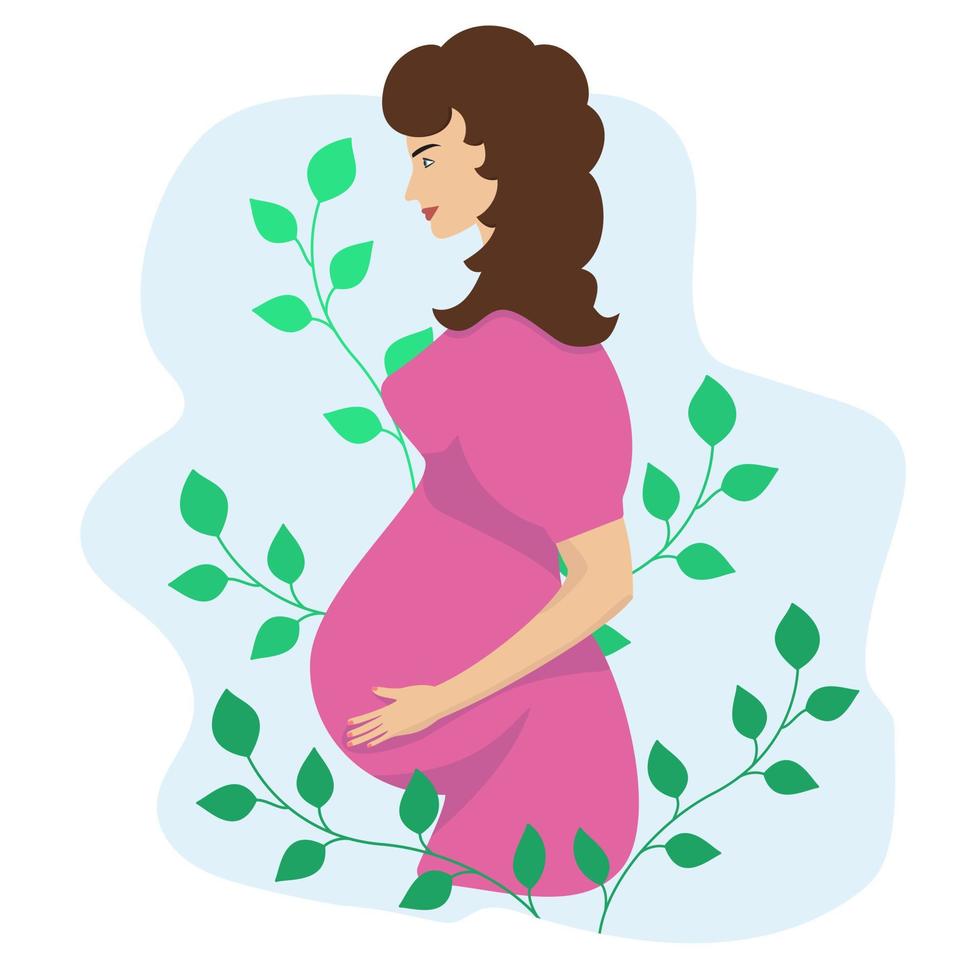 Pregnant girl in pink dress on blue background vector