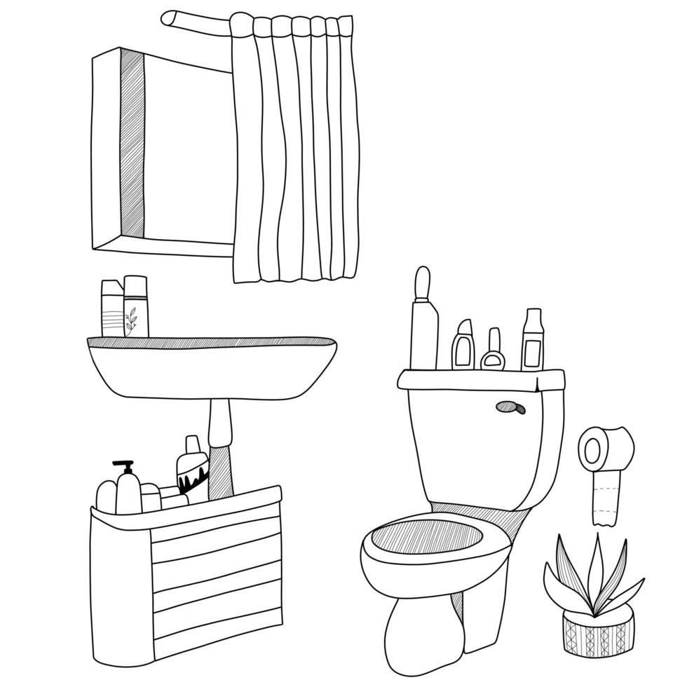 sketch set of bathroom furniture. black and white interior. 14745844