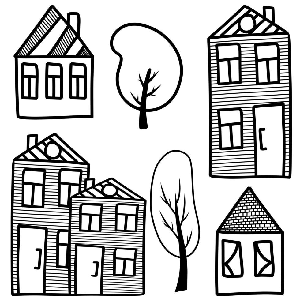Vector set of houses in the doodle style black and white coloring of houses and trees