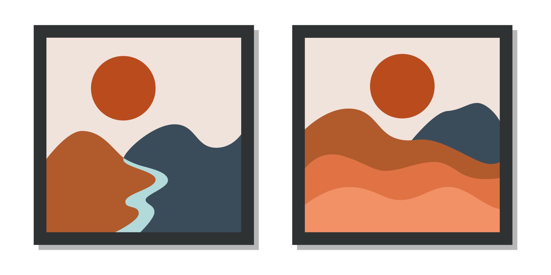 conjunto de fondo boho de arte mural moderno con sol y montañas vector