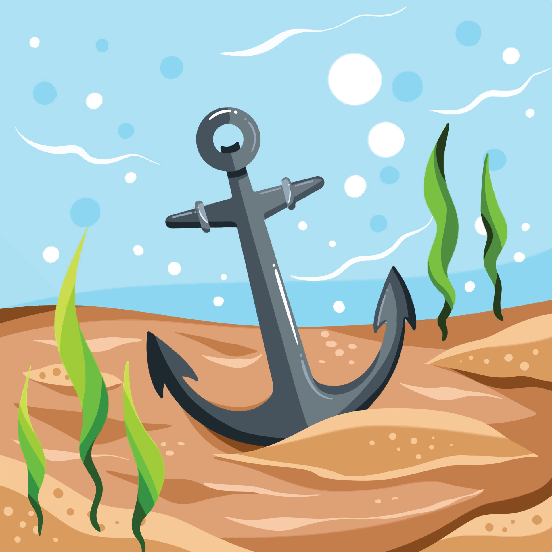 Anchor made from steel sinking in the bottom of the ocean sand vector  illustration. Under the sea with sand, seaweed, and sea bubbles decoration.  Cartoon styled art style flat square drawing. 14746057