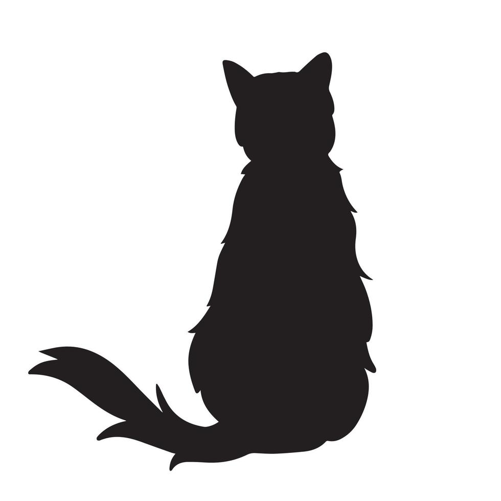 Black cat silhouette from behind back view with visible fur tail isolated on white background. Simple black illustration drawing on plain wallpaper. vector