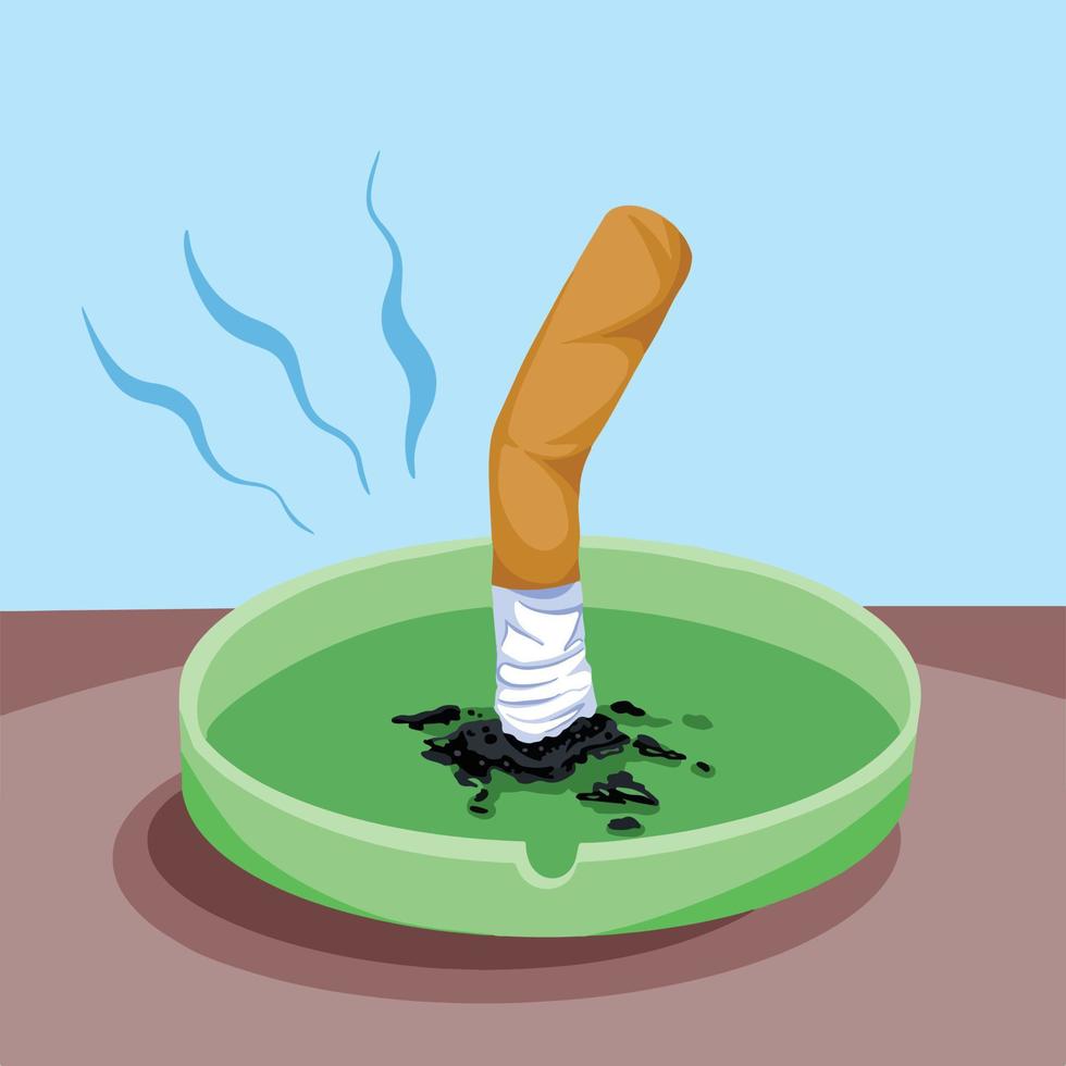 Cigarette on green ashtray with black ashes vector illustration. Drawing on blue background and wooden brown desk isolated.