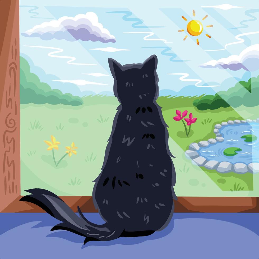 Black cat from behind by the window with beautiful scenery and blue sky with sun decoration vector illustration. Cartoon flat art style drawing with animal figure. Isolated digital artwork.