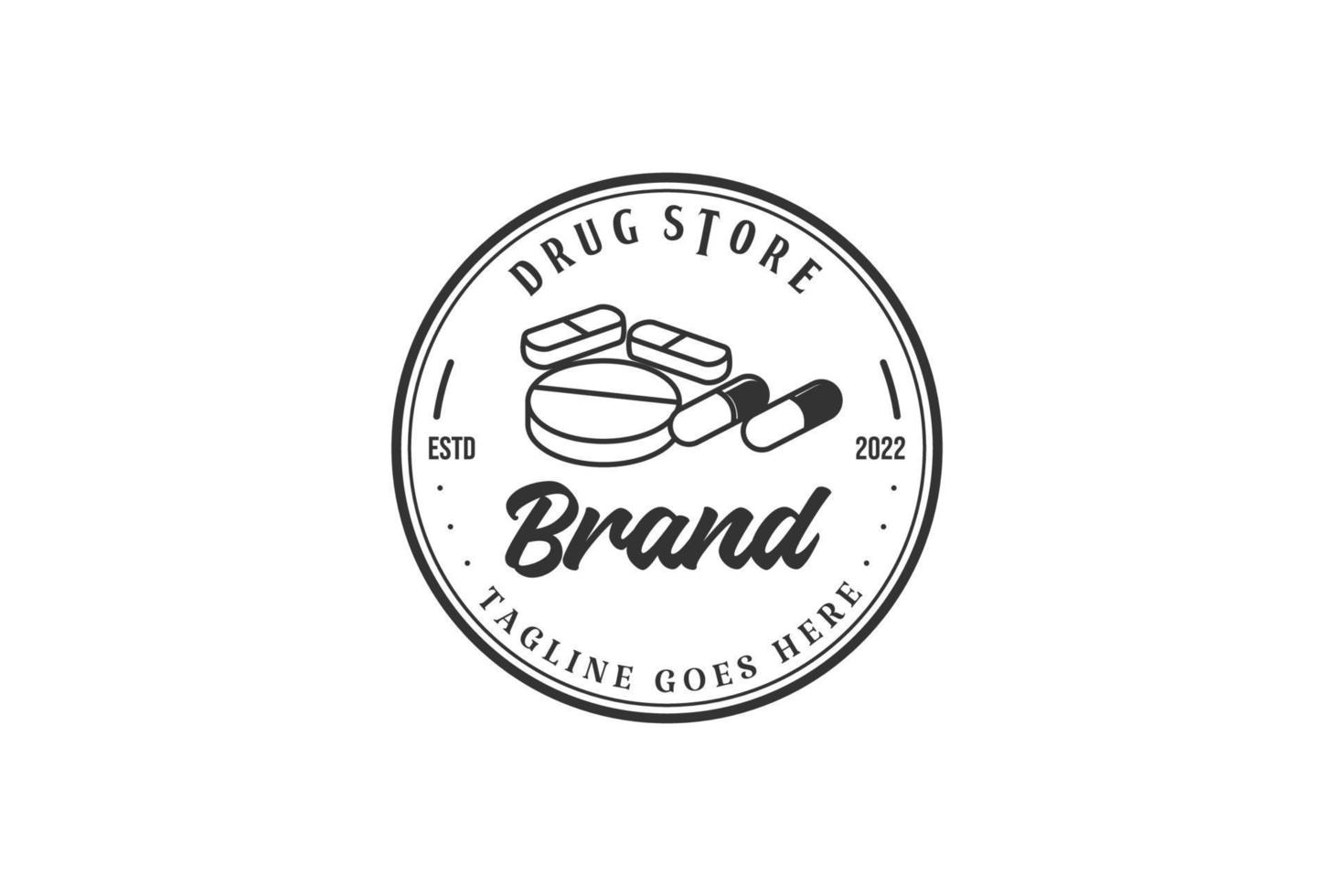 Cápsula de caplet de píldora hipster vintage circular para el diseño del logotipo de la tienda de medicamentos vector
