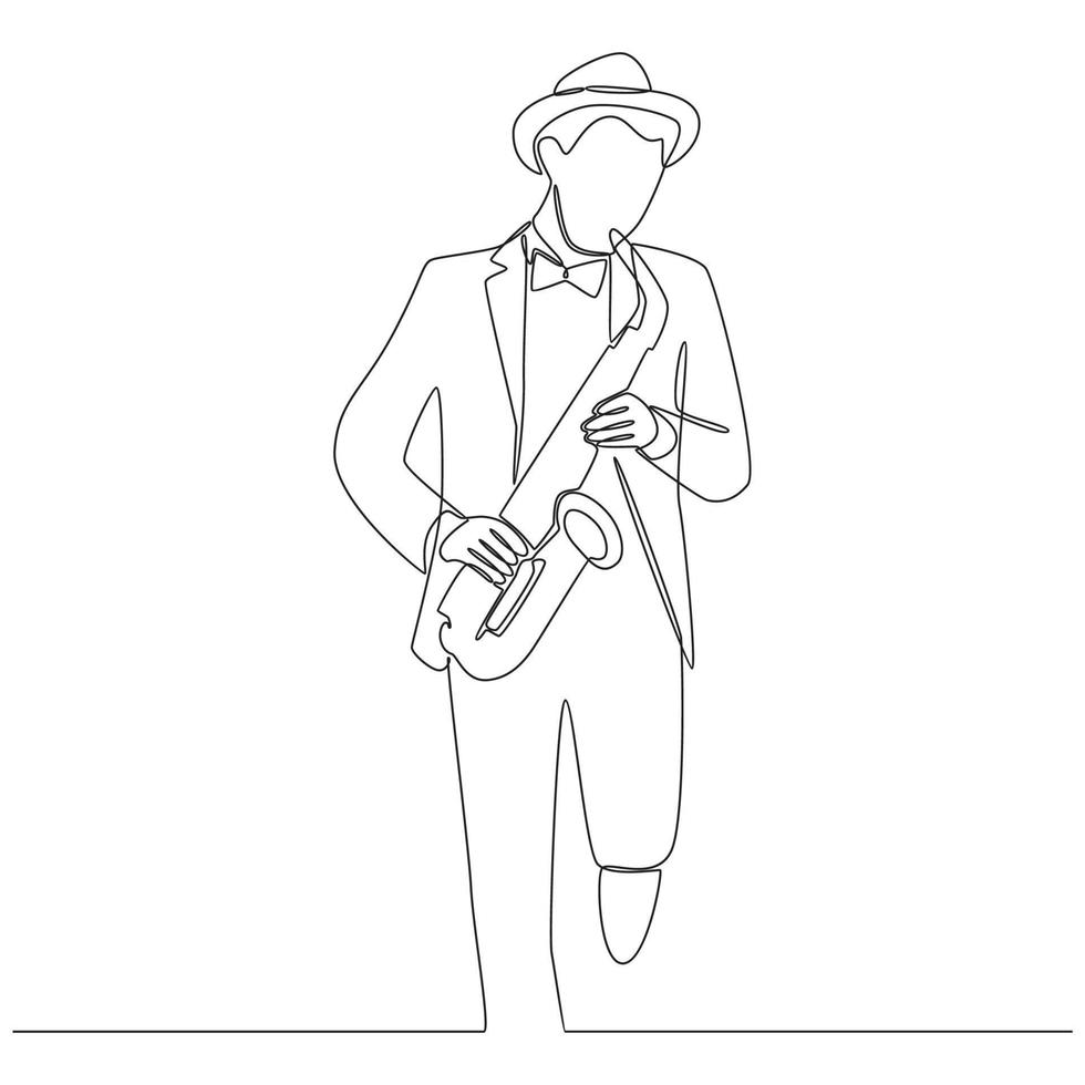 Continuous line drawing man saxophonist performing saxophone vector line art illustration