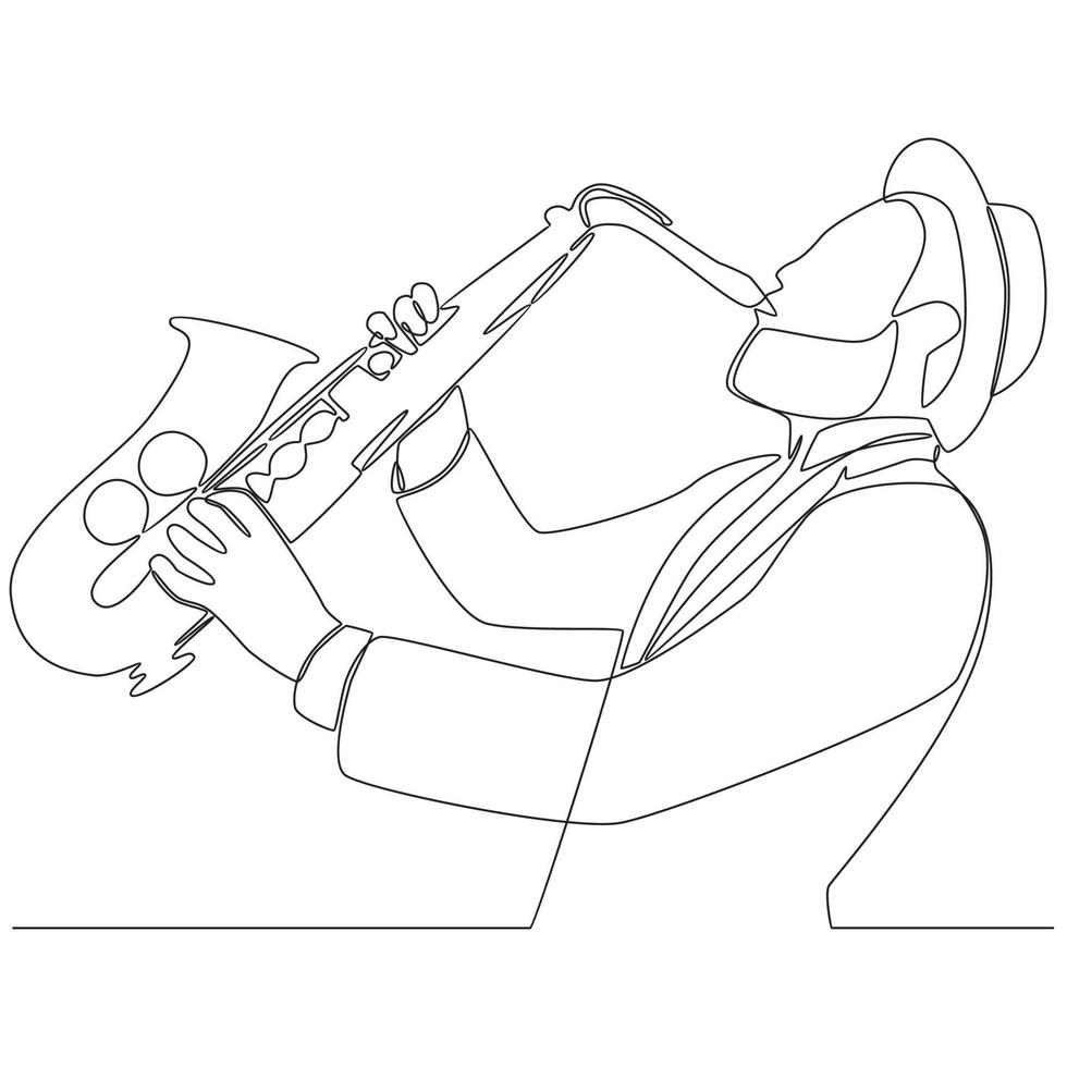 Continuous line drawing man saxophonist performing saxophone vector line art illustration