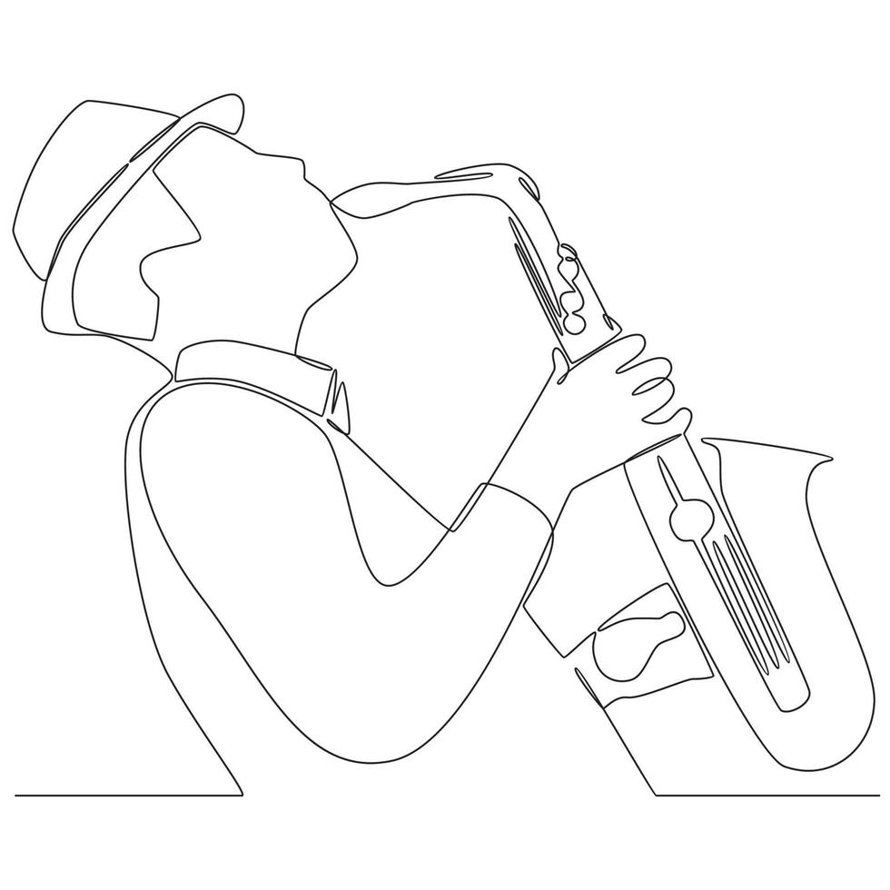 Continuous line drawing man saxophonist performing saxophone vector line art illustration