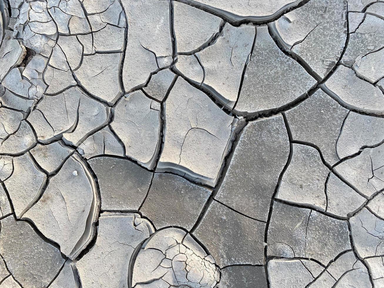 Dry gray cracked earth or clay desert textured background, closeup photo