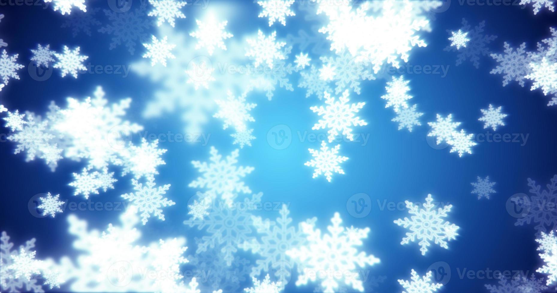 Beautiful festive blue Christmas New Year snowflakes shining falling glowing with blur effect and bokeh on blue background. Abstract background. Screensaver photo