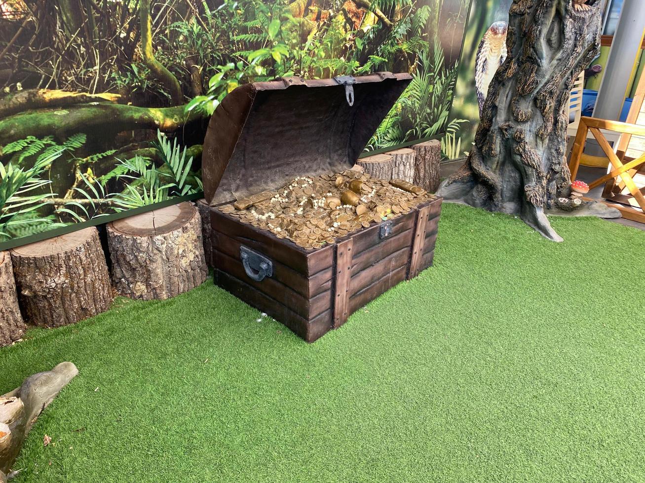 old pirate treasure chest with lock close-up on the background of plants photo