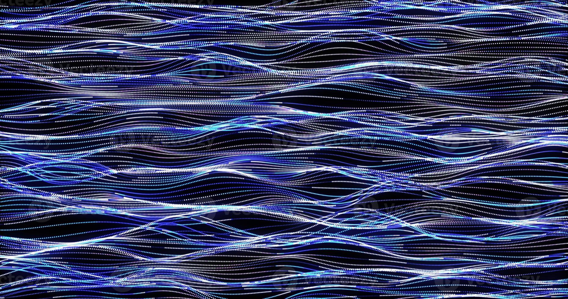 Abstract background of blue horizontal small neon bright stripes of particles in the form of waves with a glow effect. Screensaver beautiful photo