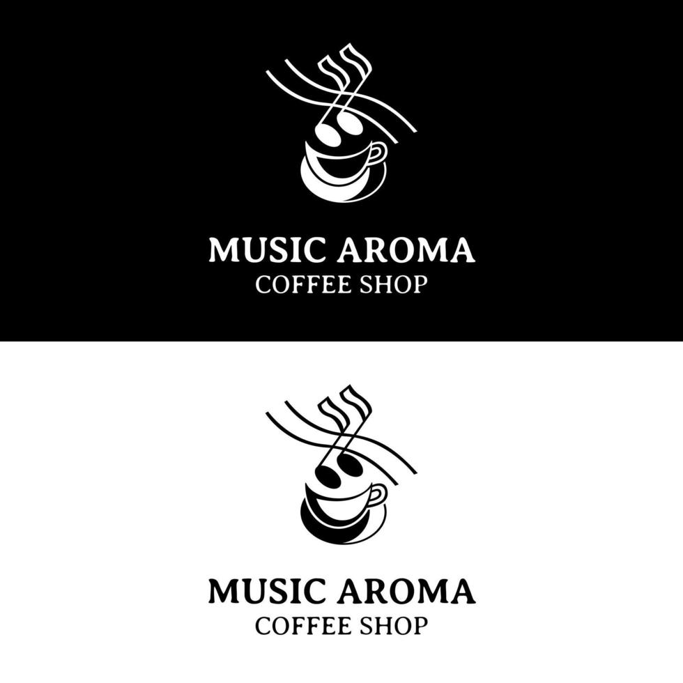 aroma de taza y notas musicales para cafetería retro vintage y diseño de logotipo de cafetería de música en vivo vector
