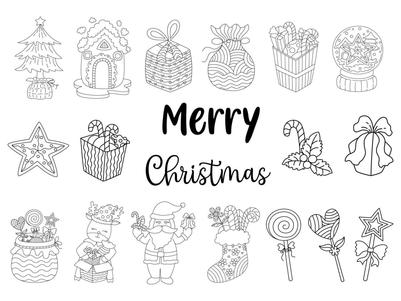 Christmas elements black line collection designed in doodle style for Christmas themed decoration, card design, art for kids, digital print, bag design, Scrapbook, coloring and more. vector